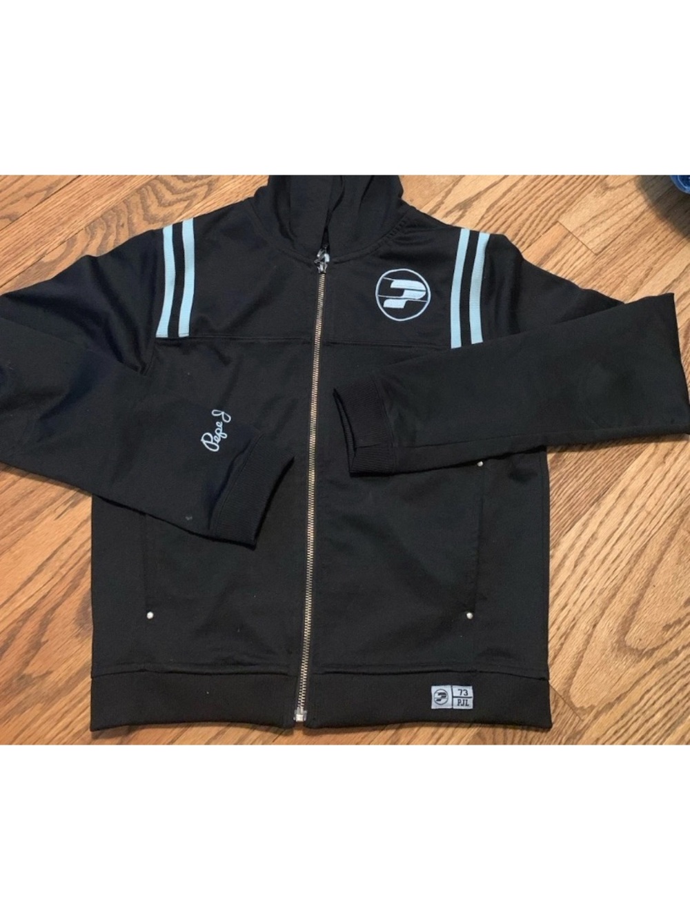 Pepe Jeans Black Zip Hoodie with Light Blue Stripe Accents